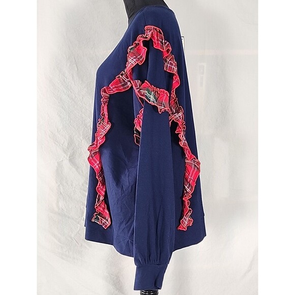 Crown & Ivy Curvy Pullover Plaid Ruffle Blouse Long Sleeve Blue Top Plus Size 2X - Picture 9 of 11